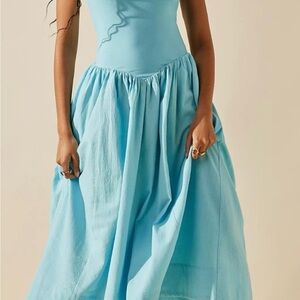 NWT Free People Onda Drop-Waist Tube Midi Dress Strapless Baby Blue Sz Small